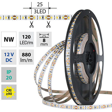 LED pásek NW, 120LED, 880lm/m, 9,6W/m, 12V, IP20, 5m